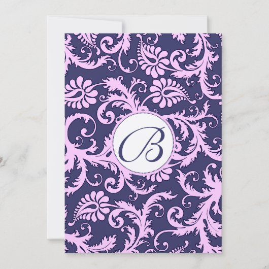 ネイビーブルー&ピンクダマススワーズ結婚式招待状 招待状 (正面)