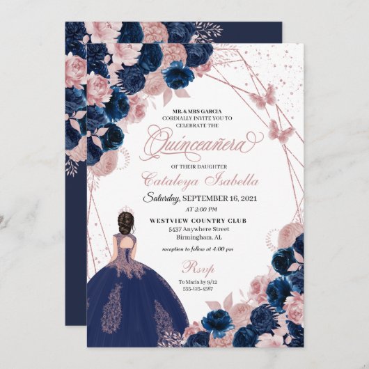 ネイビーブルー&ピンクバタフライプリンセスキンセアニェラ 招待状 (正面/裏面)