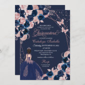 ネイビーブルー&ピンクバタフライプリンセスキンセアニェラ 招待状 (正面/裏面)