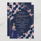 ネイビーブルー&ピンクバタフライプリンセスキンセアニェラ 招待状 (正面/裏面)
