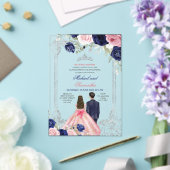 ネイビーブルー&ピンクフローラツインズシルバーキンセアニラ アクリル招待状 (インサイチュ (ウェディング))