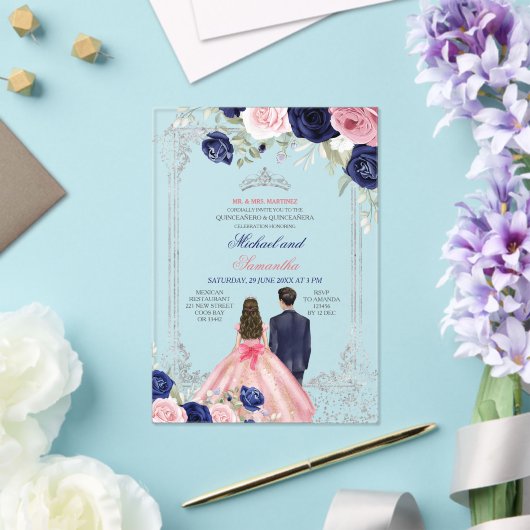 ネイビーブルー&ピンクフローラツインズシルバーキンセアニラ アクリル招待状 (インサイチュ (ウェディング))