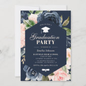 ネイビーブルー&ピンクフローラ卒業式 招待状 (正面)