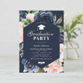 ネイビーブルー&ピンクフローラ卒業式 招待状 (スタンド正面)