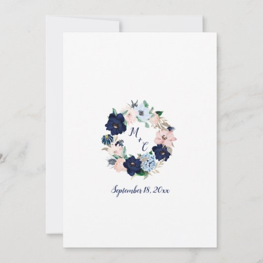 ネイビーブルー&ピンクフローラ結婚式招待状 招待状 (裏面)