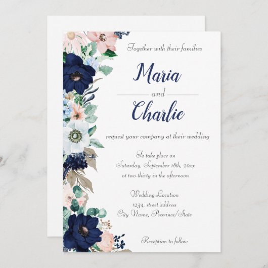 ネイビーブルー&ピンクフローラ結婚式招待状 招待状 (正面/裏面)