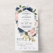 ネイビーブルー&ピンクフ結婚ラワーズ・オール・イン・ワン オールインワン招待状 (内側)