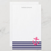 ネイビーブルー&ピンク航海ののストライプいかり 便箋 (正面/裏面)