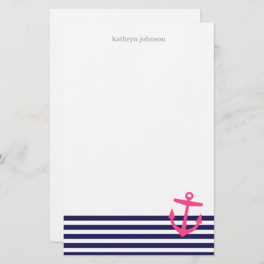 ネイビーブルー&ピンク航海ののストライプいかり 便箋 (正面/裏面)