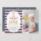 ネイビーブルー&ピンク金ゴールドバニーファースト誕生日写真 招待状 (正面/裏面)