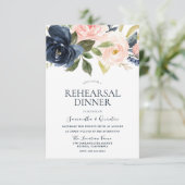 ネイビーブルー ピンク ウォーターカラー フローラル リハーサル ディナー 招待状 (スタンド正面)