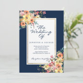 ネイビーブルー ピンク コーラル オレンジ 花柄 カントリー ウェディング 招待状 (スタンド正面)
