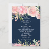 ネイビーブルー ピンク コーラル グリーン ローズの花のウェディング 招待状 (正面)