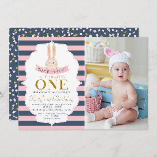 ネイビーブルー & ピンク ゴールド ウサギ 誕生日1周年 フォト 招待状 (正面/裏面)