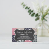 ネイビーブルー、ピンク、タン、グレーのかわいいキルト 名刺 (スタンド正面)