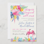 ネイビーブルー ピンク トロピカル ワイルド レイン フォレスト ウェディング 招待状 (正面)