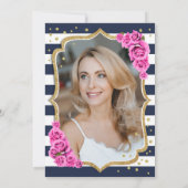 ネイビーブルー ピンク フォト 50歳の誕生日 招待状 (裏面)