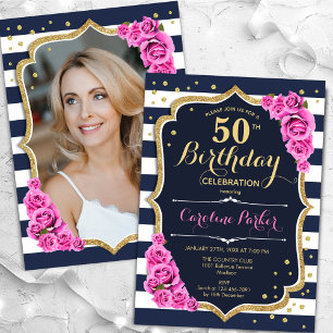 ネイビーブルー ピンク フォト 50歳の誕生日 招待状