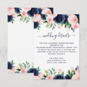 ネイビーブルー ピンク 水彩 花の結婚式 詳細 招待状 (正面/裏面)