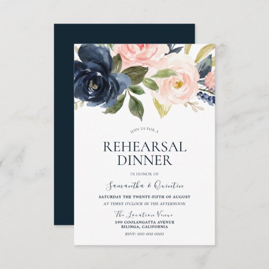 ネイビーブルー ピンク 水彩 花柄 リハーサルディナー 招待状 (正面/裏面)