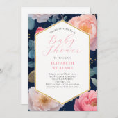 ネイビーブルー ピンク 牡丹のベビーシャワー招待状 招待状 (正面/裏面)