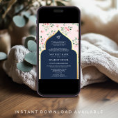 ネイビーブルー ピンク 花柄 アナンドカラージュ シーク教 結婚式 招待状