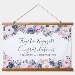 ネイビーブルー ピンク 花柄 ボタニカル 婚約 バナー 吊り下げ型タペストリー