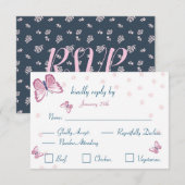 ネイビーブルー ピンク 蝶々 返信カード RSVP (正面/裏面)