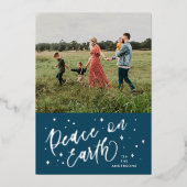 ネイビーブルー ピースオンアース レタリング フォト シルバー 箔シーズンカード (正面)