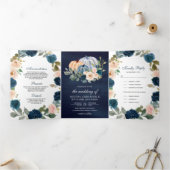 ネイビーブルー&ピーチフローラパンプキ結婚ン 三つ折り招待状 (内部)