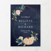 ネイビーブルー&ピーチフローラパンプキ結婚ン 三つ折り招待状 (カバー)