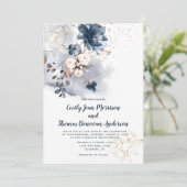 ネイビーブルー、ピーチ、および金ゴールド水色フローラ 招待状 (スタンド正面)