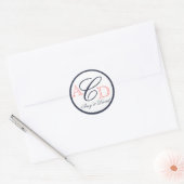 ネイビーブルー，ピーチ，イニシャル名結婚ズ ラウンドシール (封筒)