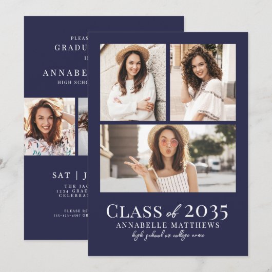 ネイビーブルー フォト 卒業パーティー 招待状 (正面/裏面)