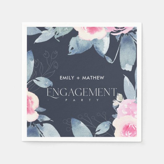 ネイビーブルー フラワーの水彩画 ブンチェンゲージメント スタンダードカクテルナプキン (正面)