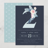 ネイビーブルー フラワーパターン 2周年 お好きな年数の記念日 招待状 (正面/裏面)