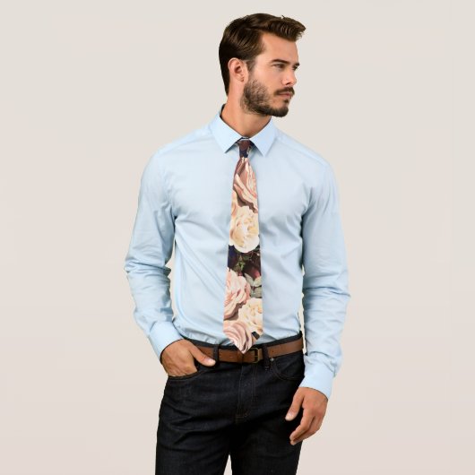 ネイビーブルー & フローラル ローズ 大胆な花 ネクタイ (インサイチュ)