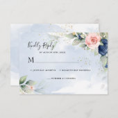 ネイビーブルー&ブッシュピンクの結婚式出欠確認カード 出欠カード (正面/裏面)