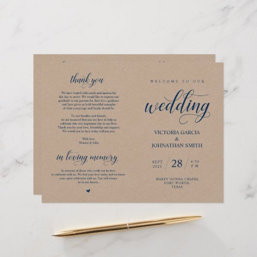 ネイビーブルー、ブラウンクラフト結婚の折り畳み可能プログラム (正面/裏面インサイチュ)