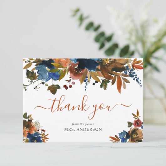 ネイビーブルー ブラウン 秋の恋におちる ブライダルシャワー サンキューカード (スタンド正面)