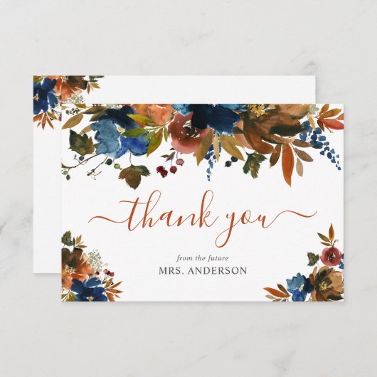 ネイビーブルー ブラウン 秋の恋におちる ブライダルシャワー サンキューカード (正面/裏面)