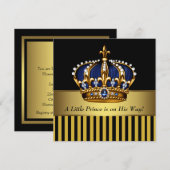 ネイビーブルー ブラック ゴールド プリンス ベイビーボーイ シャワー 招待状 (正面/裏面)