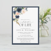 ネイビーブルー・ブラッシュピンクの花柄 お別れの会 招待状 (スタンド正面)