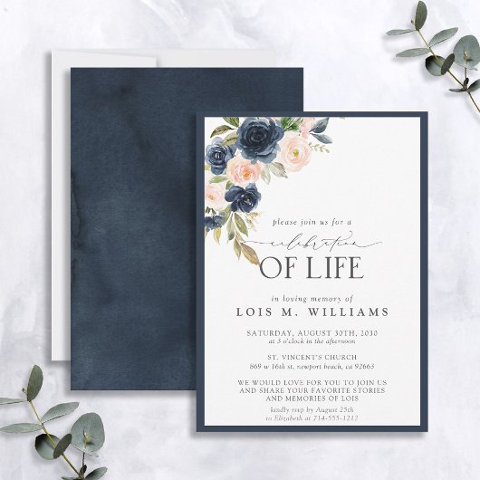 ネイビーブルー・ブラッシュピンクの花柄 お別れの会 招待状