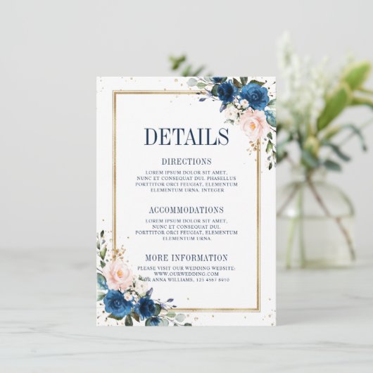 ネイビーブルー ブラッシュピンク ジオメトリック ウェディング 詳細 エンクロージャーカード (スタンド正面)