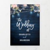 ネイビーブルー ブラッシュピンク ストリングライト トリフォルド ウェディング 三つ折り案内状 (カバー)