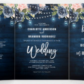 ネイビーブルー ブラッシュピンク ストリングライト トリフォルド ウェディング 三つ折り案内状 (内部中)