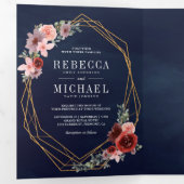 ネイビーブルー ブラッシュピンク バーガンディ フローラル ウェディング 三つ折り招待状 (内部最初)