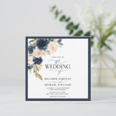 ネイビーブルー ブラッシュピンク フラワー ウォーターカラー フォト 招待状 (スタンド正面)