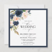 ネイビーブルー ブラッシュピンク フラワー ウォーターカラー フォト 招待状 (正面)